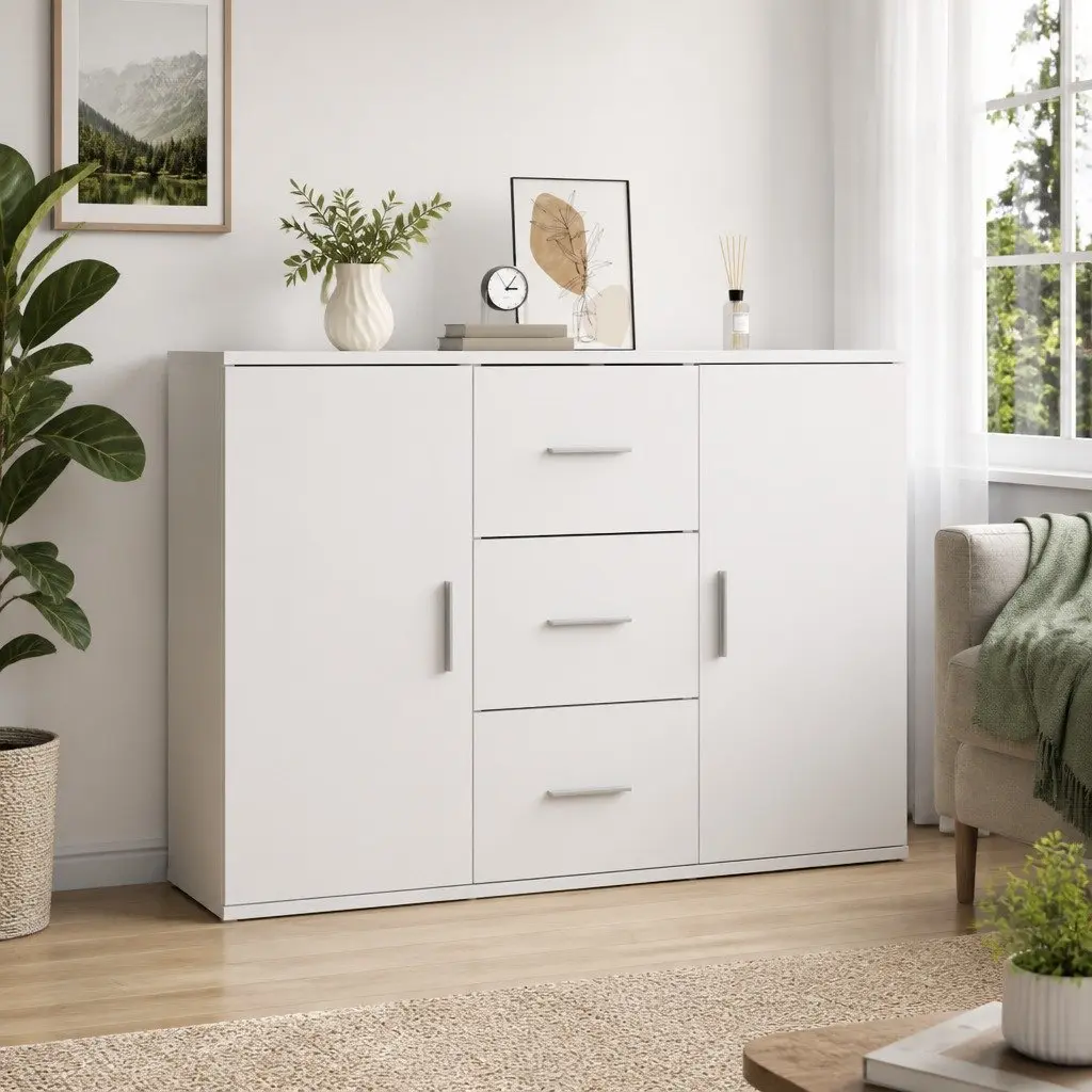 White Sideboard Storage Cabinet 91x29.5x65cm Engineered Wood Buffet 2 Doors 3