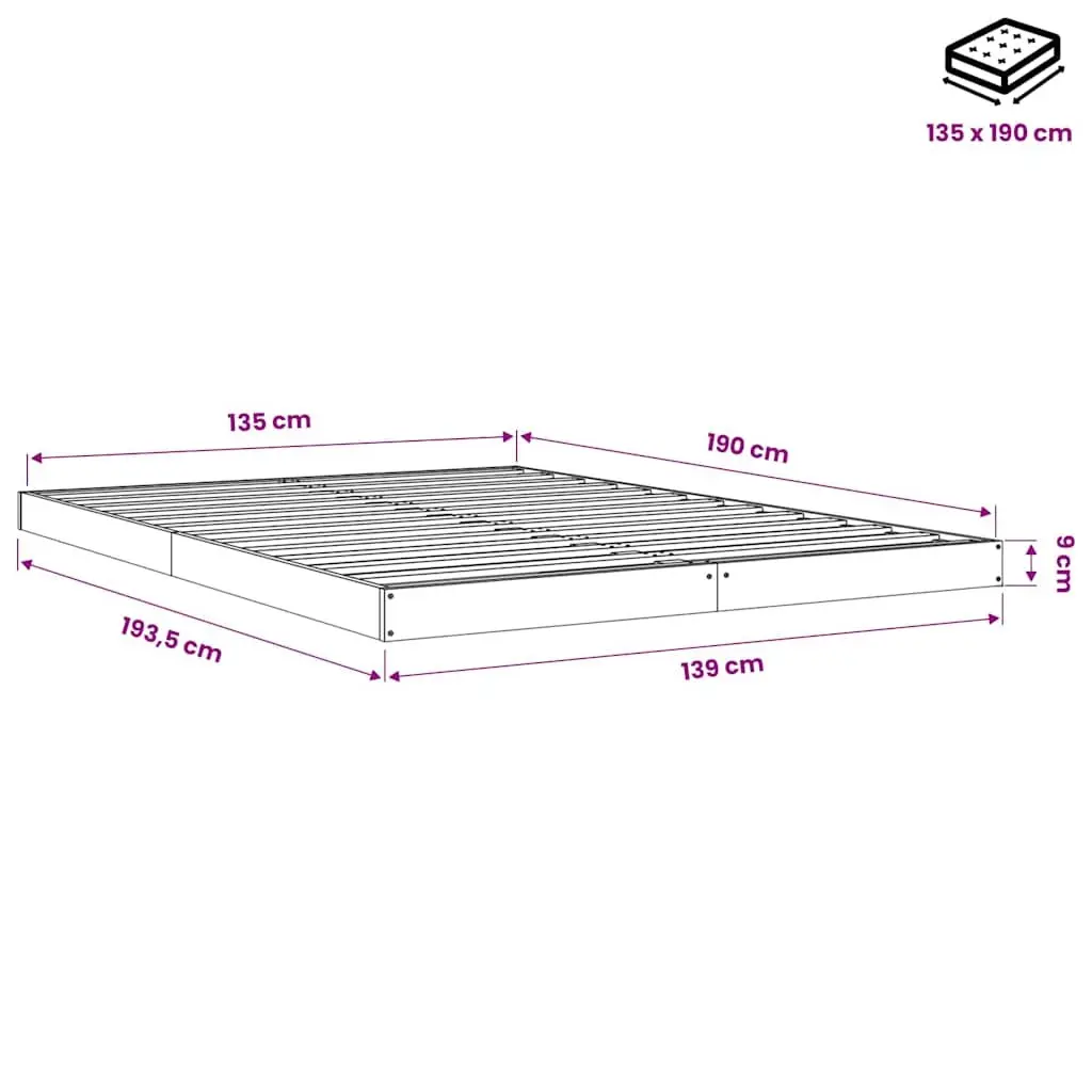 White Solid Pine Bed Frame 135x190 cm with Slatted Base