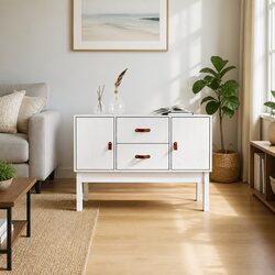 White Solid Wood Pine Sideboard with Storage Doors