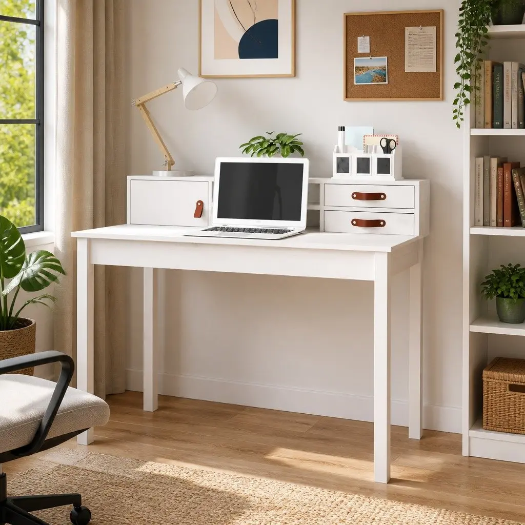 White Solid Pine Wood Office Desk with Compact Storage