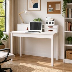 White Solid Pine Wood Office Desk with Compact Storage