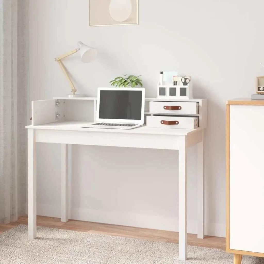 White Solid Pine Wood Office Desk with Compact Storage