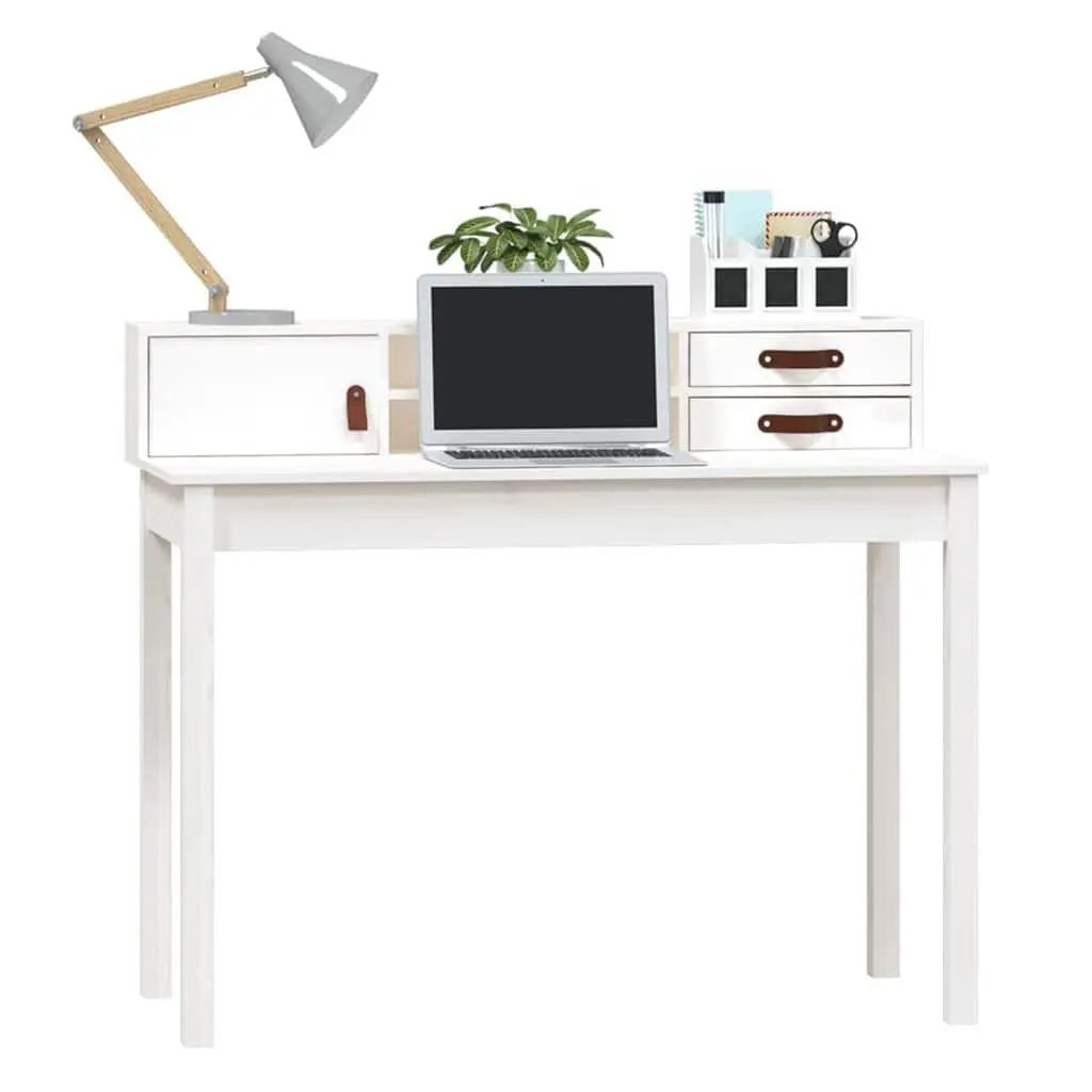 White Solid Pine Wood Office Desk with Compact Storage