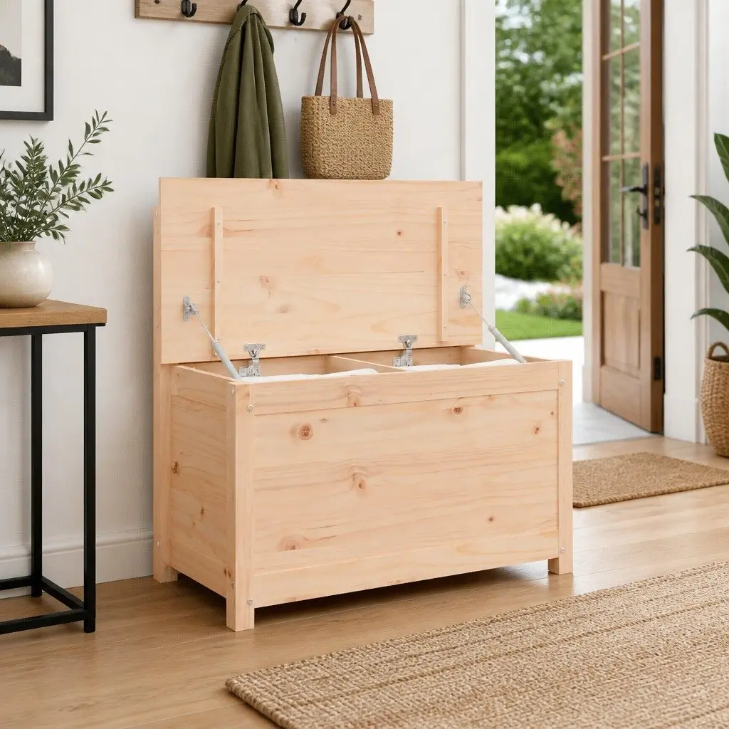 Wooden Storage Bench Brown Solid Pine Wood with Backrest