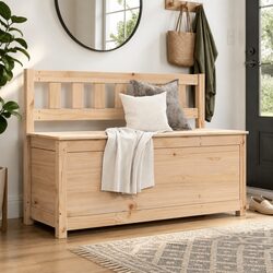 Rustic Solid Pine Wood Storage Bench with Backrest 110x41x76.5cm