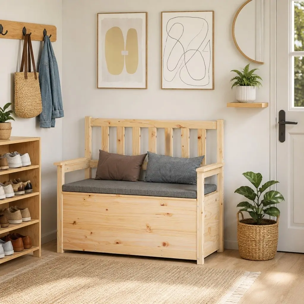 Solid Pine Wood Storage Bench with Backrest and Armrests
