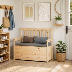 Solid Pine Wood Storage Bench with Backrest and Armrests