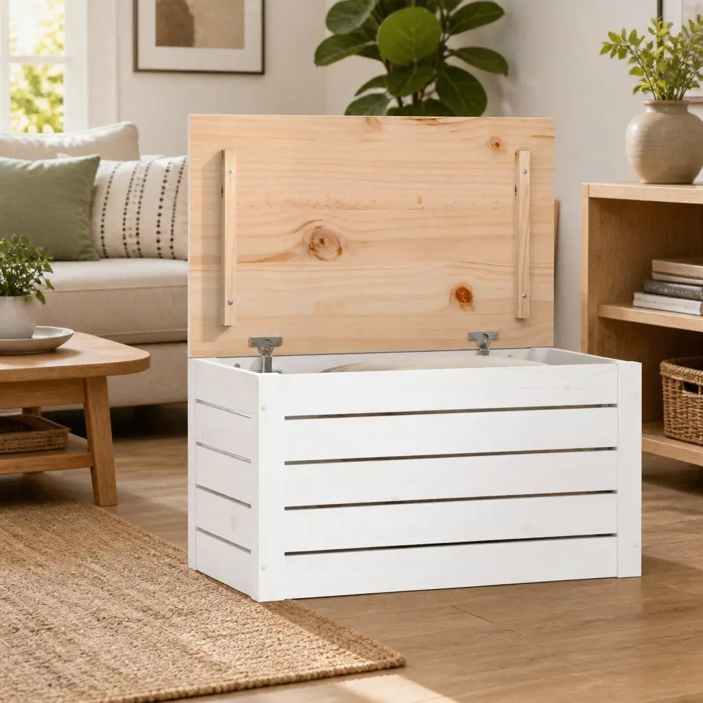 White Solid Pinewood Storage Box with Lid