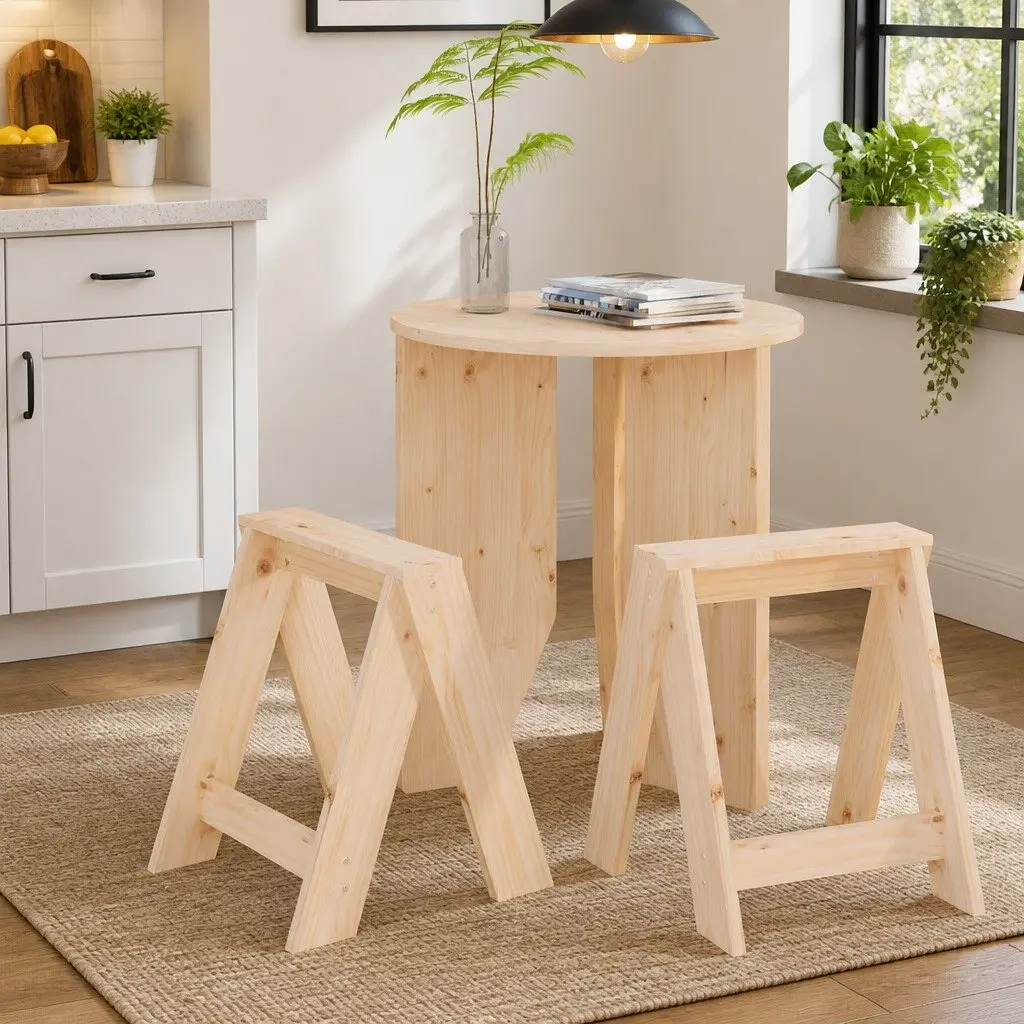 Set of 2 Pine Wood Rustic Stools for Dining or Bar
