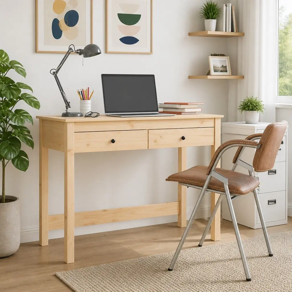 Brown Solid Pine Wood Desk with 2 Drawers