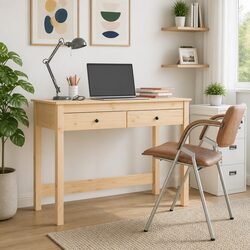 Brown Solid Pine Wood Desk with 2 Drawers