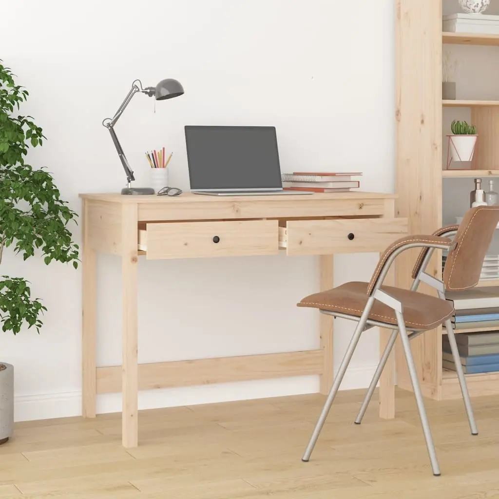 Brown Solid Pine Wood Desk with 2 Drawers