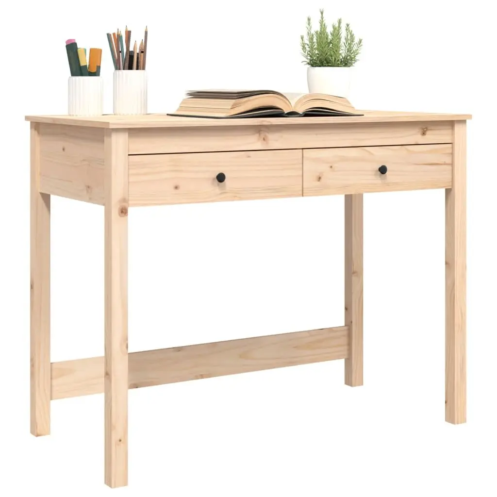 Brown Solid Pine Wood Desk with 2 Drawers