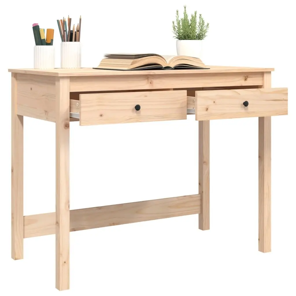 Brown Solid Pine Wood Desk with 2 Drawers