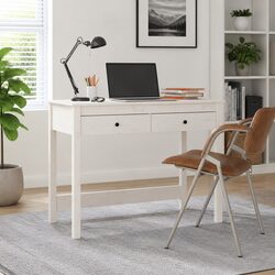 White Solid Wood Pine Desk with Storage Drawers