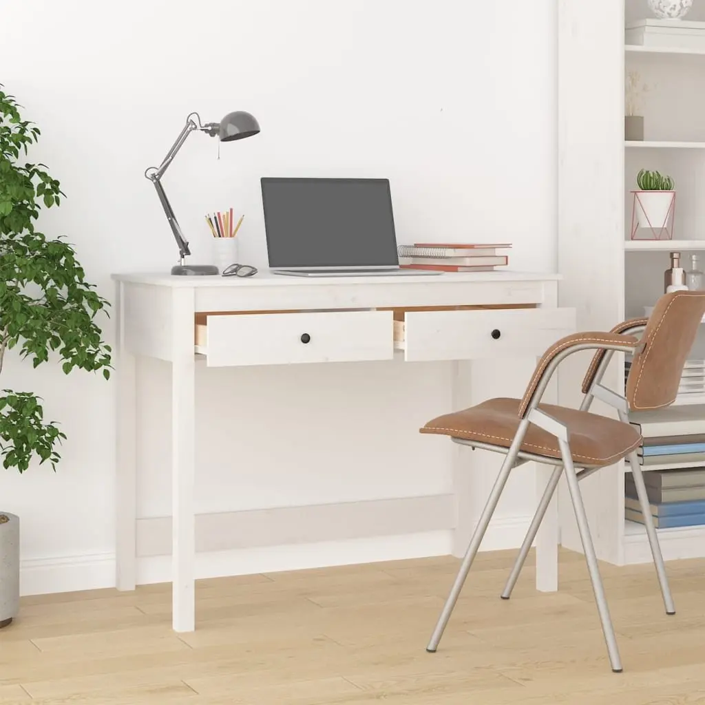 White Solid Wood Pine Desk with Storage Drawers