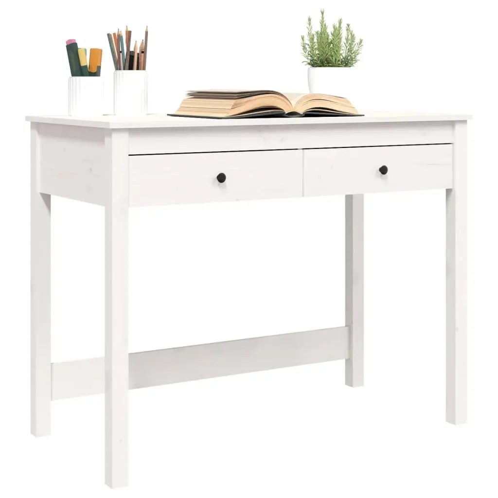 White Solid Wood Pine Desk with Storage Drawers