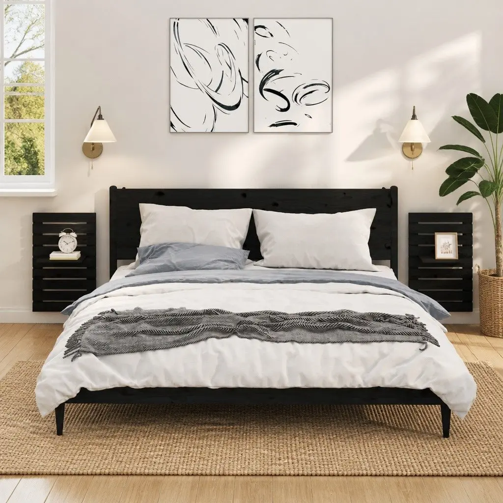 Wall-mounted Bedside Shelves Black Solid Pine Wood 2 Piece Storage Display