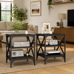Industrial Style Black Side Tables with Storage - 2 pcs