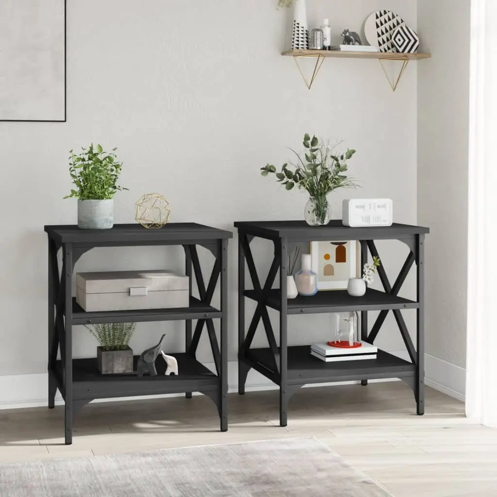 End Tables Industrial Style Black 40x42x50cm Engineered Wood and Steel Frame 2 Piece Storage Side Tables