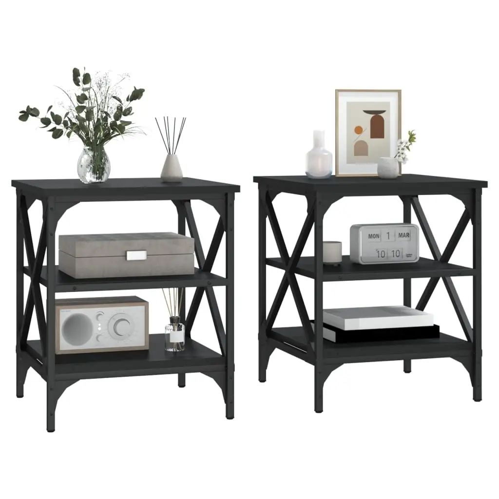 End Tables Industrial Style Black 40x42x50cm Engineered Wood and Steel Frame 2 Piece Storage Side Tables