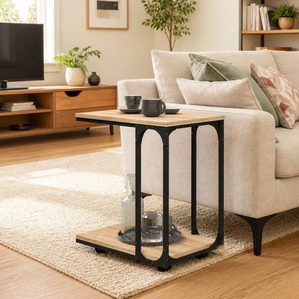 End Table C-Shape Brown Engineered Wood with Wheels Storage Accent Side Table