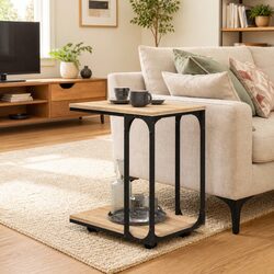 C-Shape Accent Side Table with Wheels in Brown
