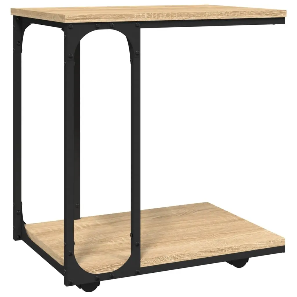 End Table C-Shape Brown Engineered Wood with Wheels Storage Accent Side Table