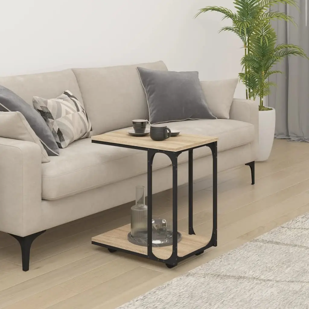 End Table C-Shape Brown Engineered Wood with Wheels Storage Accent Side Table
