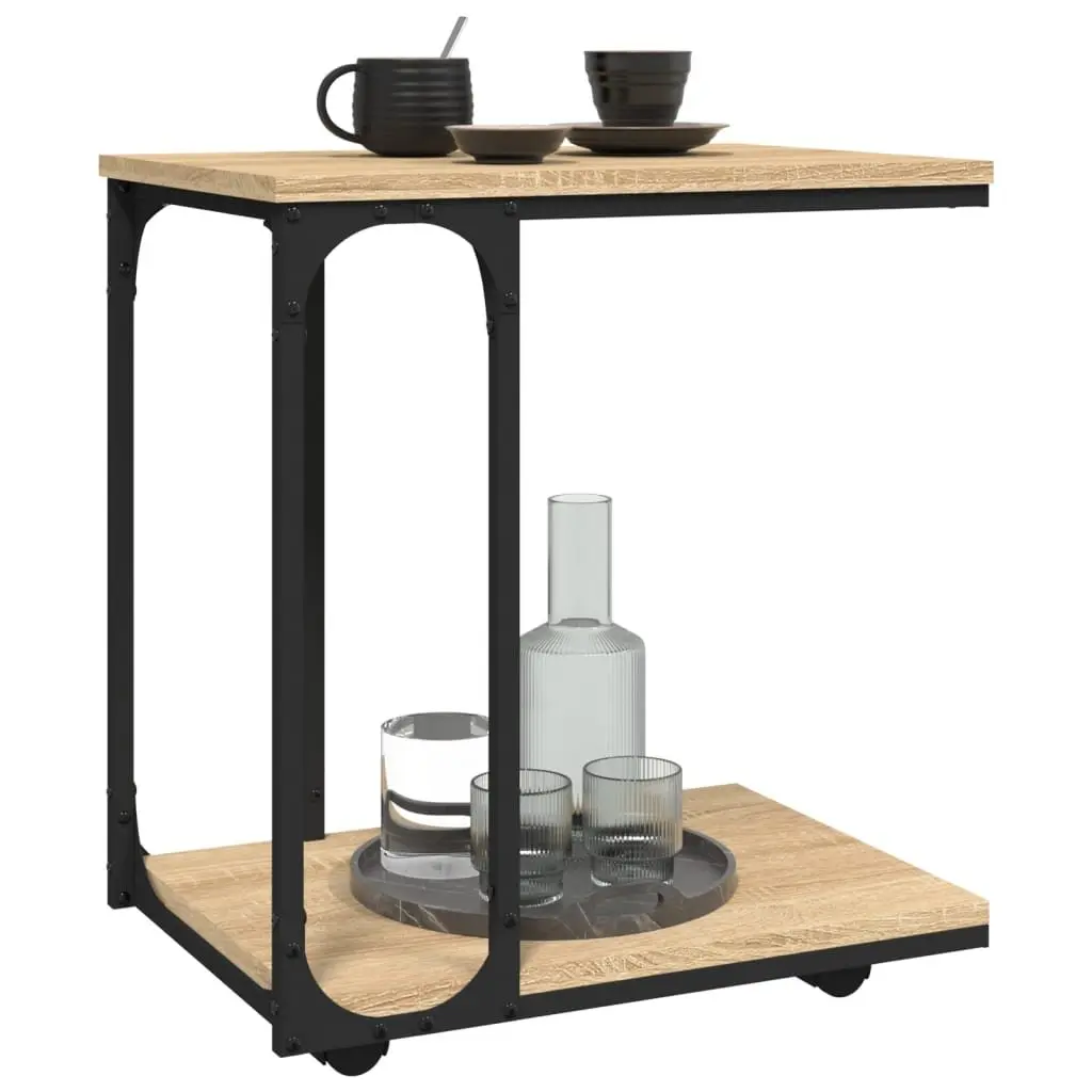 End Table C-Shape Brown Engineered Wood with Wheels Storage Accent Side Table