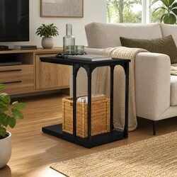 C-Shape Black Side Table with Storage for Living Room