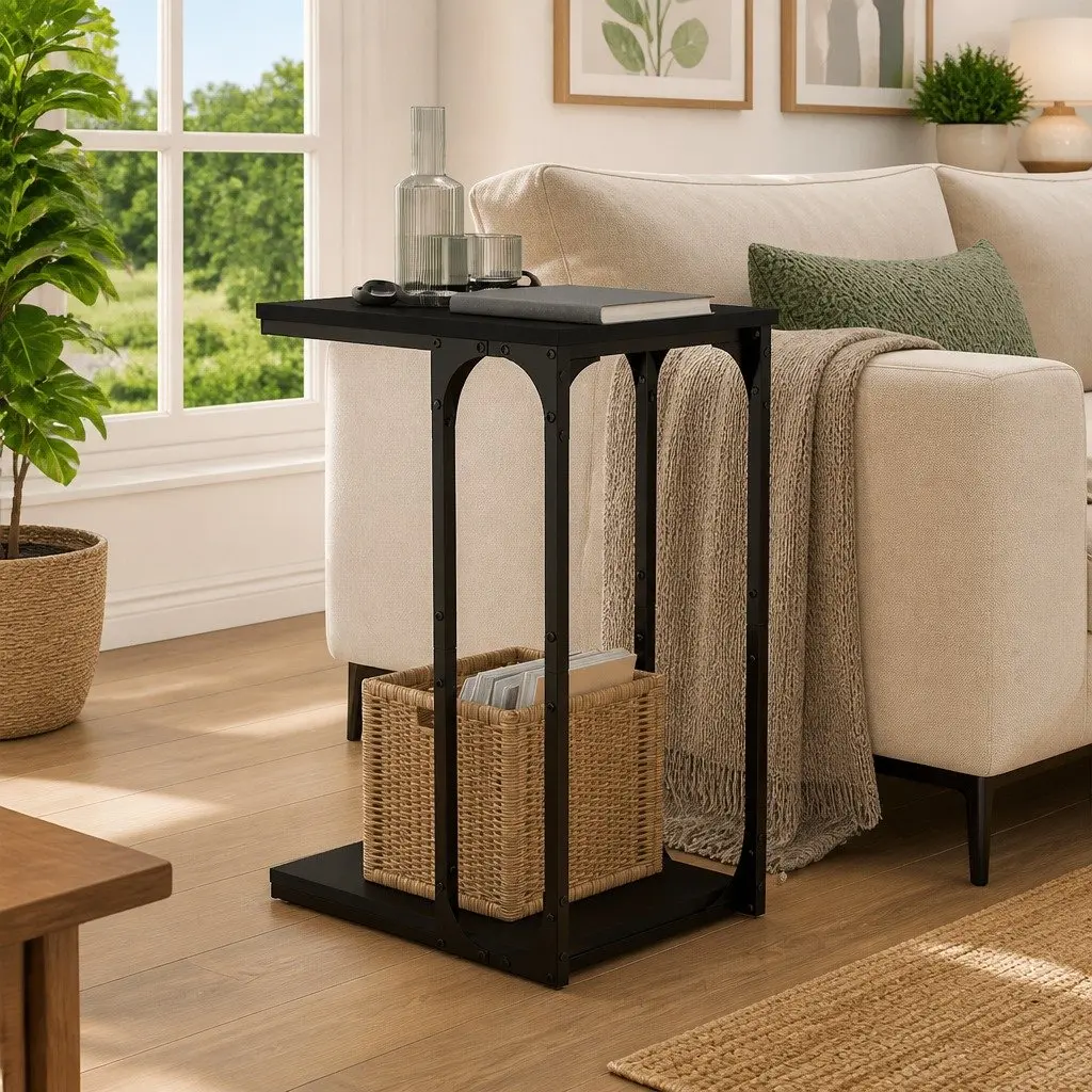 C-Shape Black End Table Engineered Wood Accent Table Living Room Storage