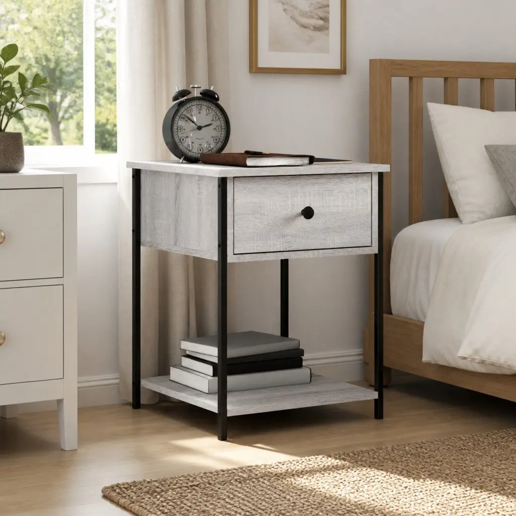 Bedside Table Grey Sonoma 44x45x58 cm Engineered Wood Metal Frame Storage Cabinet Nightstand