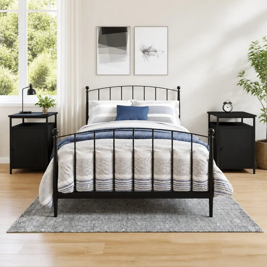 Bedside Cabinets Black 2 Piece Storage Compact Organiser Engineered Wood Iron Frame