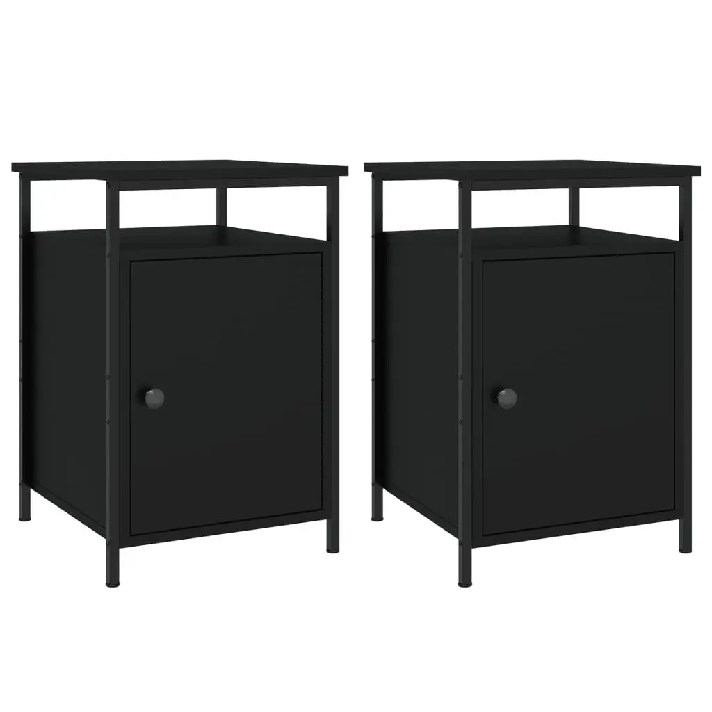 Bedside Cabinets Black 2 Piece Storage Compact Organiser Engineered Wood Iron Frame