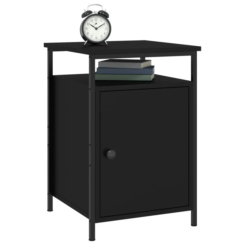 Bedside Cabinets Black 2 Piece Storage Compact Organiser Engineered Wood Iron Frame