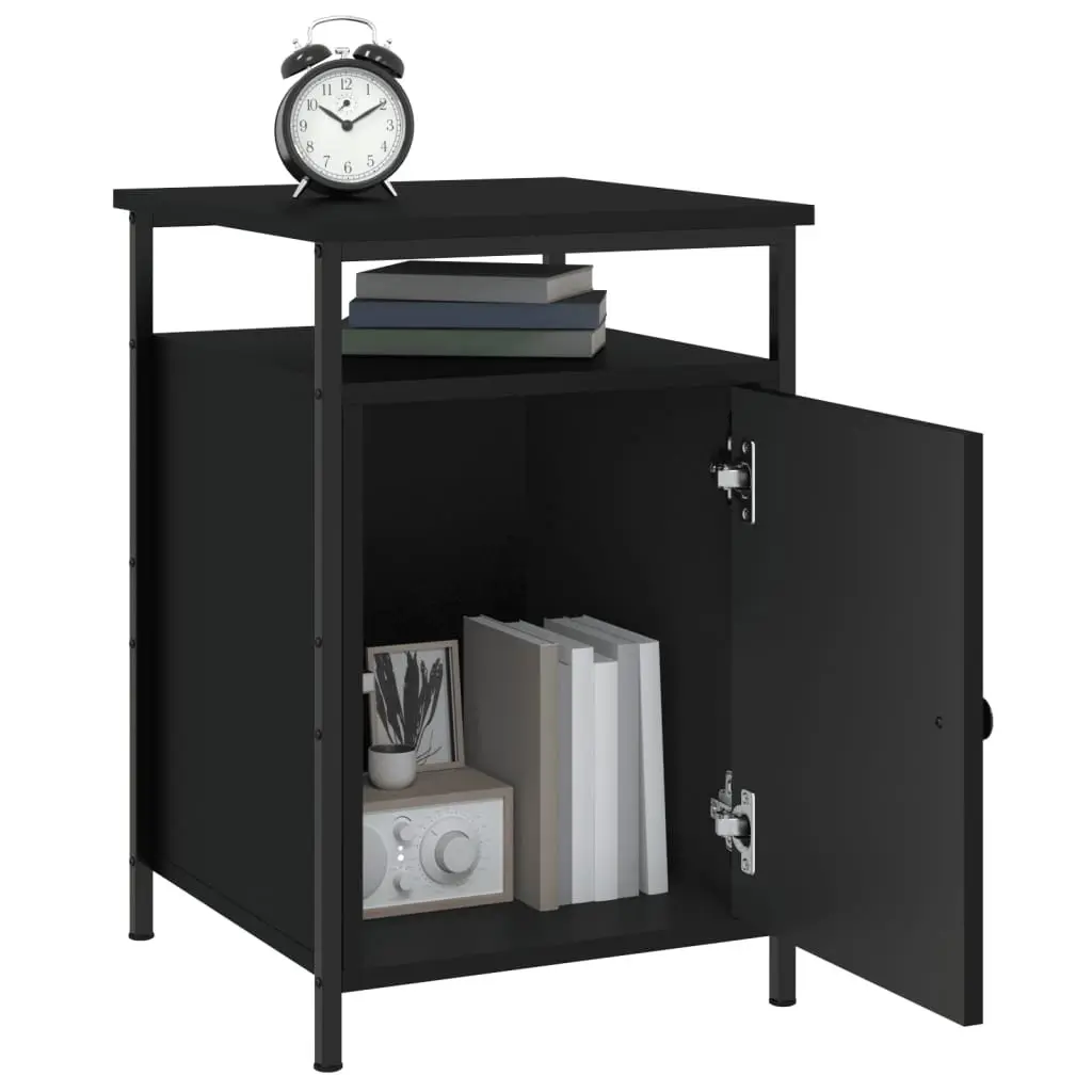 Bedside Cabinets Black 2 Piece Storage Compact Organiser Engineered Wood Iron Frame
