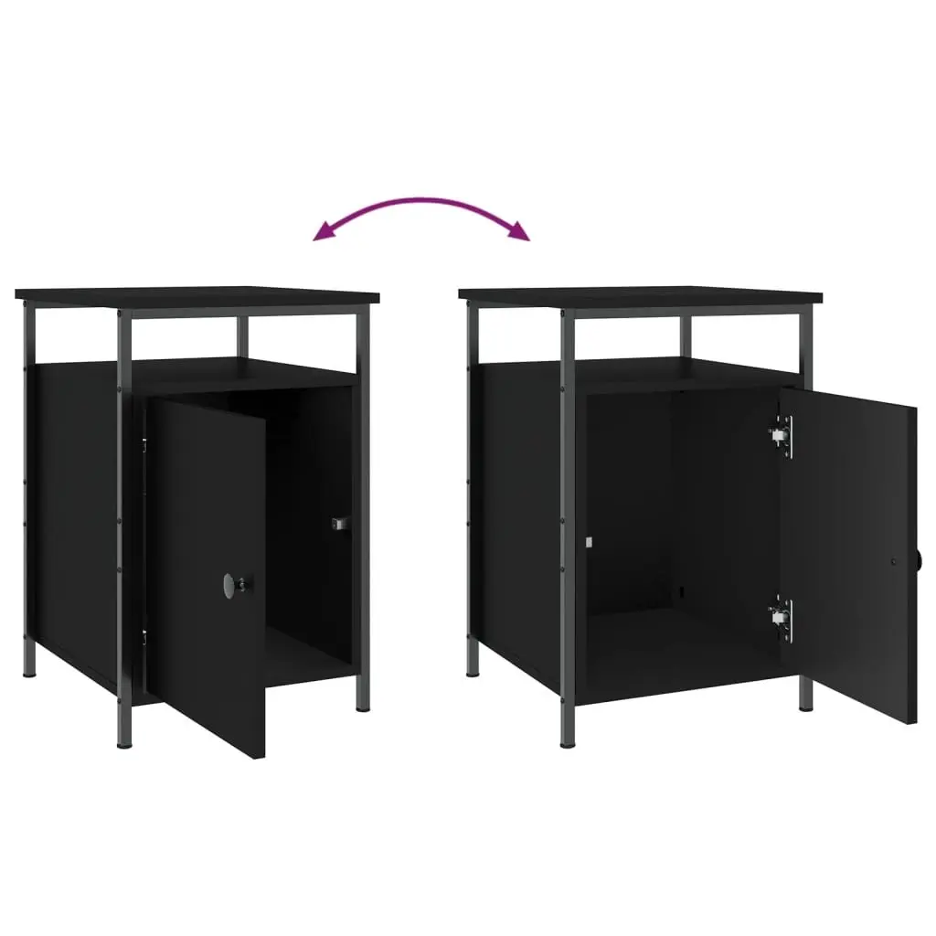 Bedside Cabinets Black 2 Piece Storage Compact Organiser Engineered Wood Iron Frame