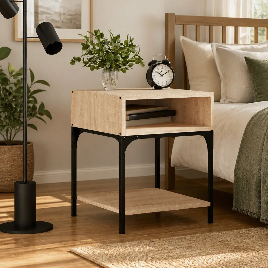 Bedside Table Sonoma Oak Brown Engineered Wood Nightstand Storage Cabinet