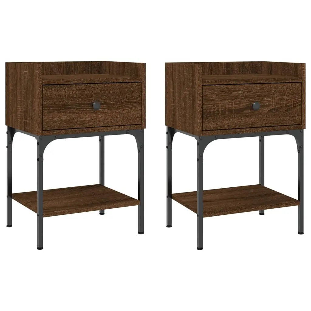 Bedside Tables Brown Oak 2 Piece Engineered Wood Nightstand Storage Cabinet Set