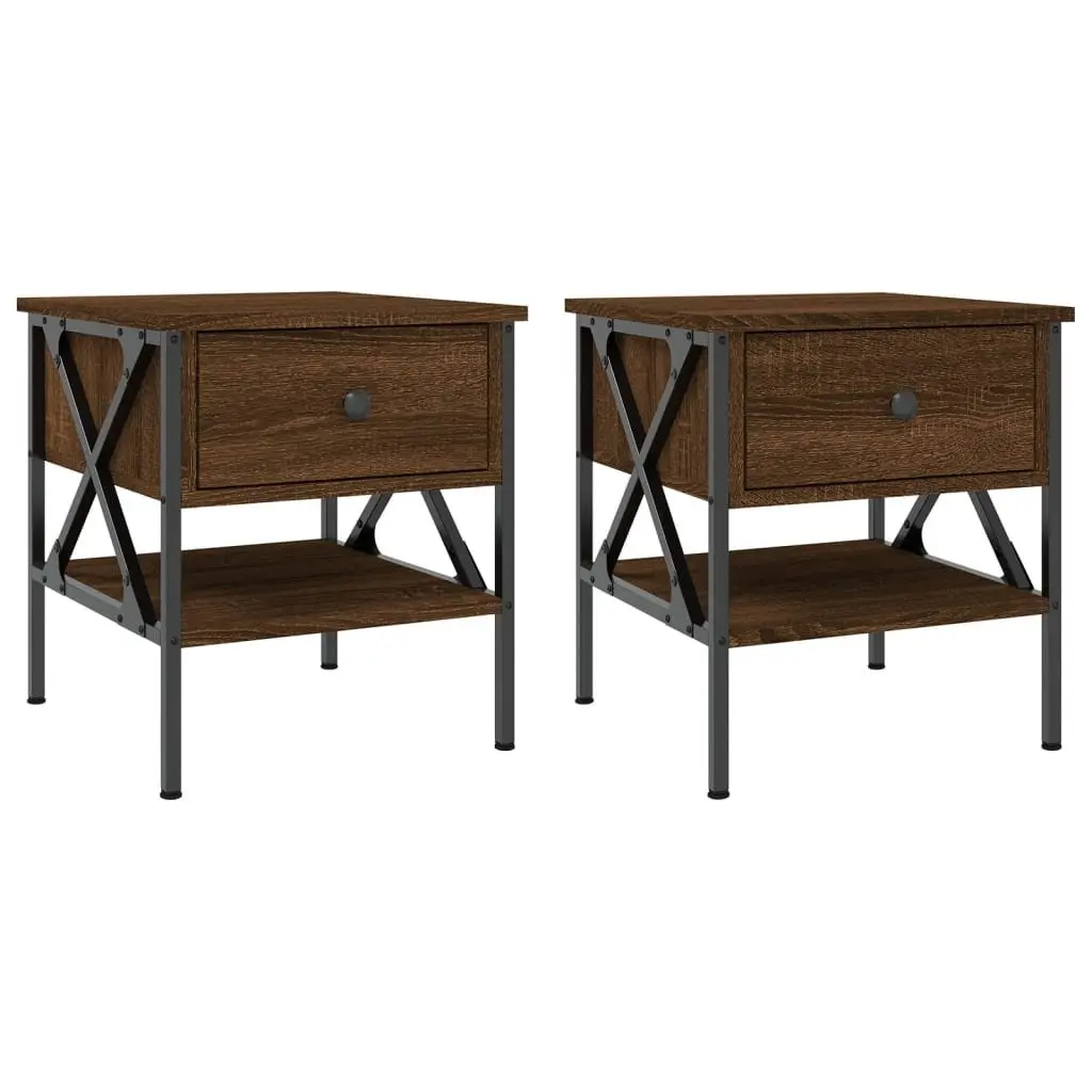 Industrial Style Brown Oak Engineered Wood Nightstands 2 Piece Set Bedside Tables