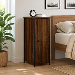 Warm Brown Oak Bedside Cabinet with Industrial Touch
