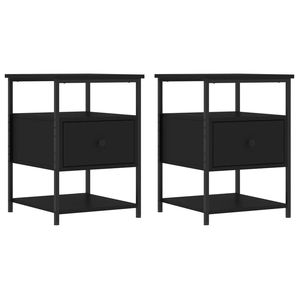 Bedside Cabinet Compact 40x42x56 cm Black Engineered Wood Iron Frame 2 Piece