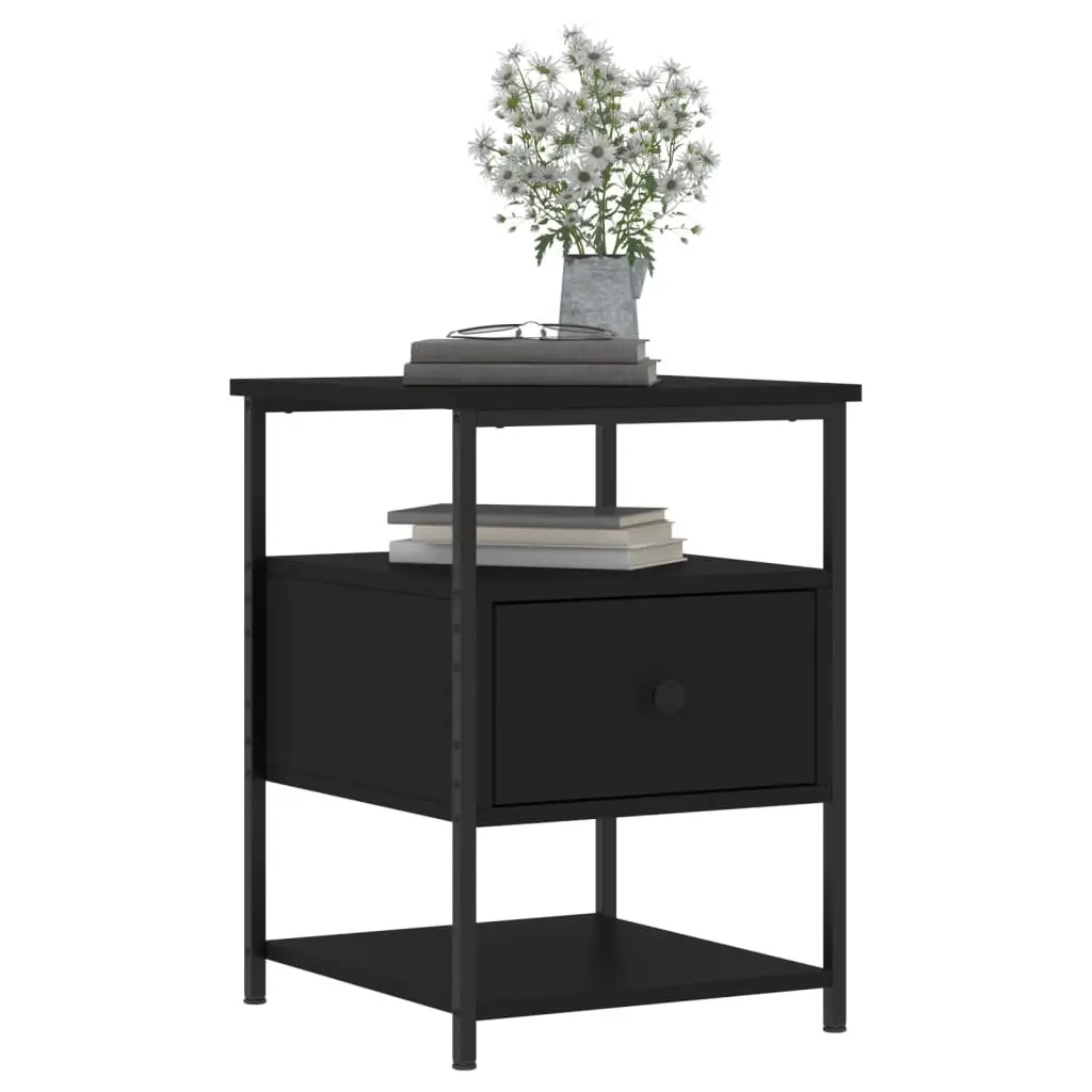 Bedside Cabinet Compact 40x42x56 cm Black Engineered Wood Iron Frame 2 Piece