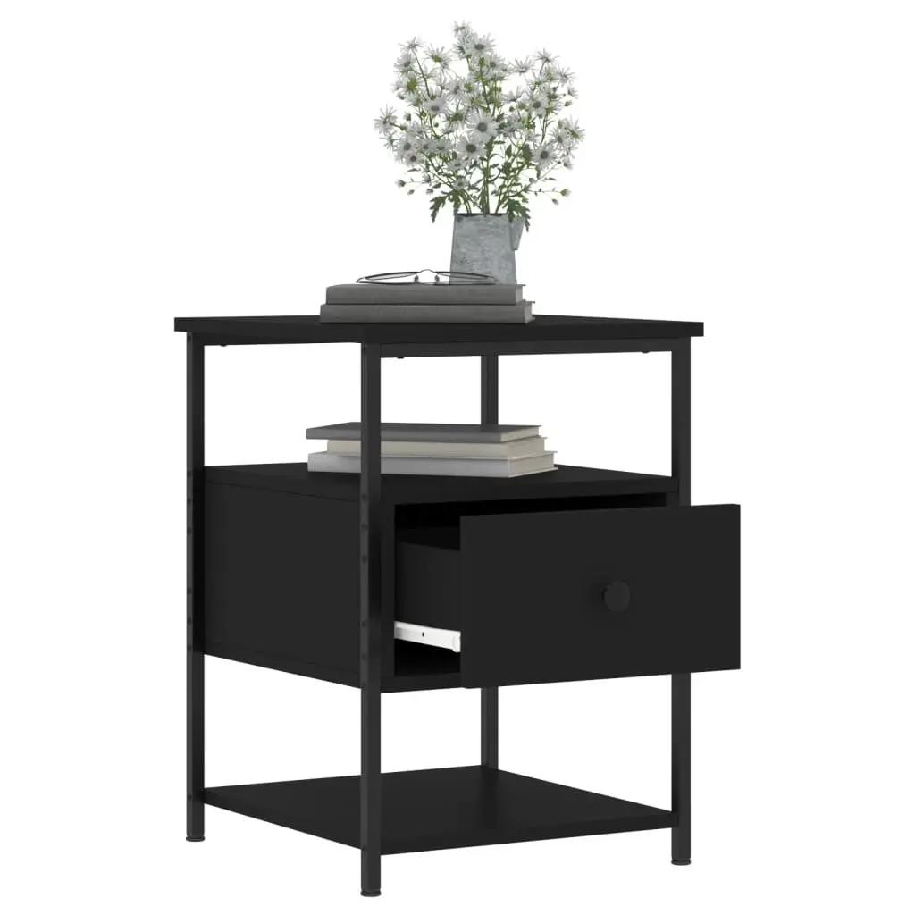 Bedside Cabinet Compact 40x42x56 cm Black Engineered Wood Iron Frame 2 Piece