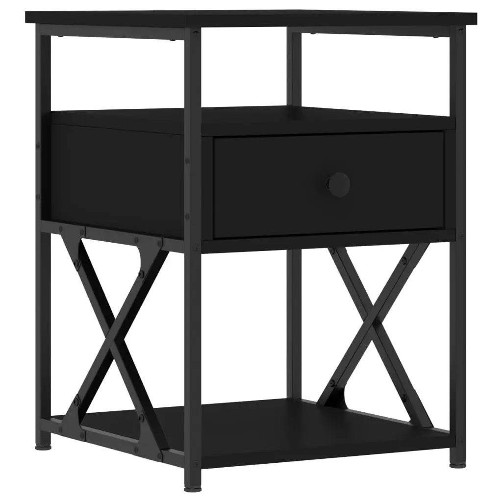 Bedside Cabinet Black Engineered Wood Iron Frame Storage Nightstand 40 x 42 x 55 cm