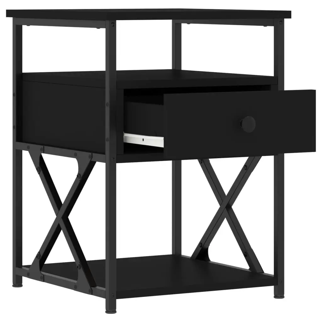 Bedside Cabinet Black Engineered Wood Iron Frame Storage Nightstand 40 x 42 x 55 cm