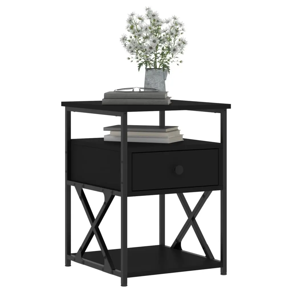 Bedside Cabinet Black Engineered Wood Iron Frame Storage Nightstand 40 x 42 x 55 cm