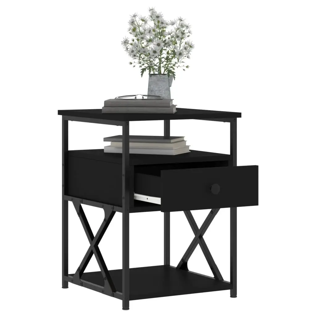 Bedside Cabinet Black Engineered Wood Iron Frame Storage Nightstand 40 x 42 x 55 cm
