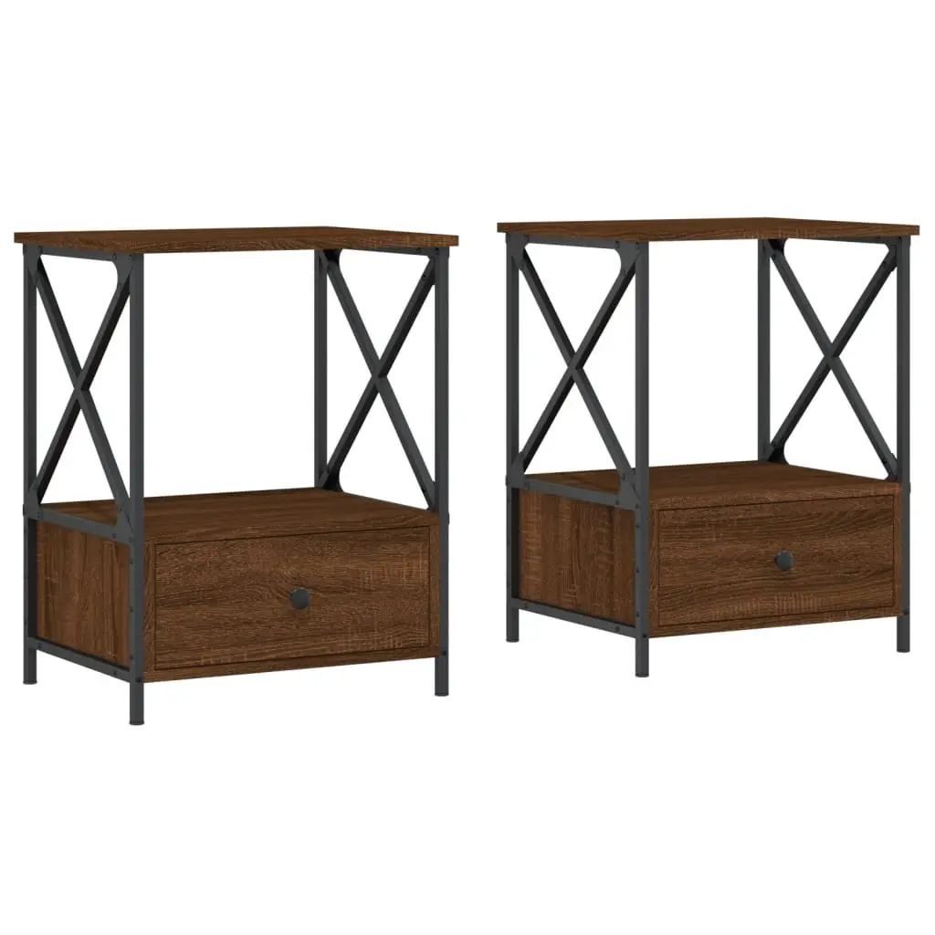 Bedside Tables Industrial Style Brown Engineered Wood Iron Frame 2 Piece Set